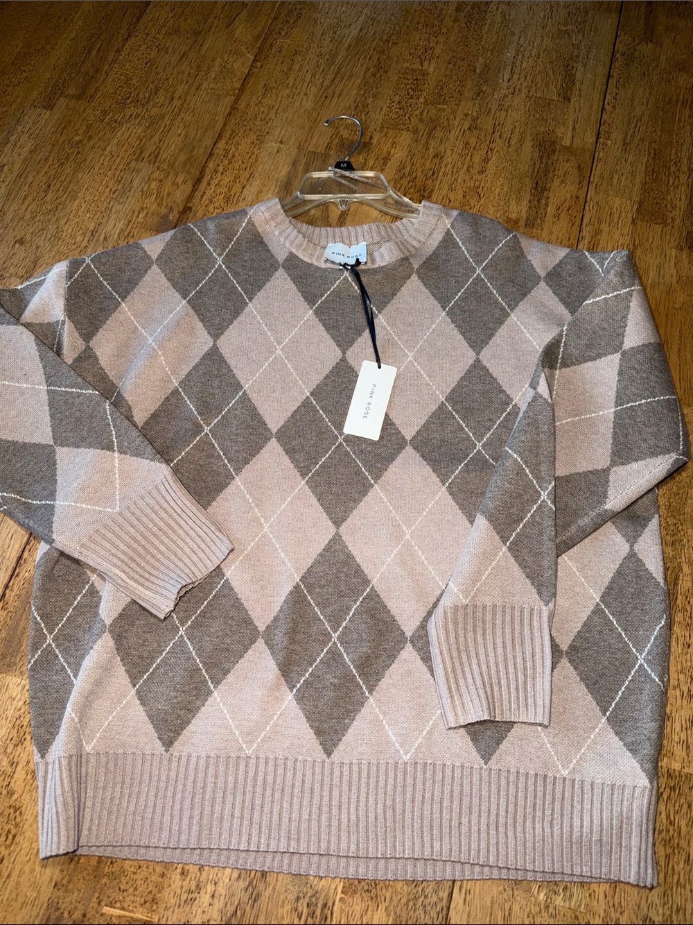 Pink Rose Women’s Argyle Crewneck Sweater - Taupe & Brown